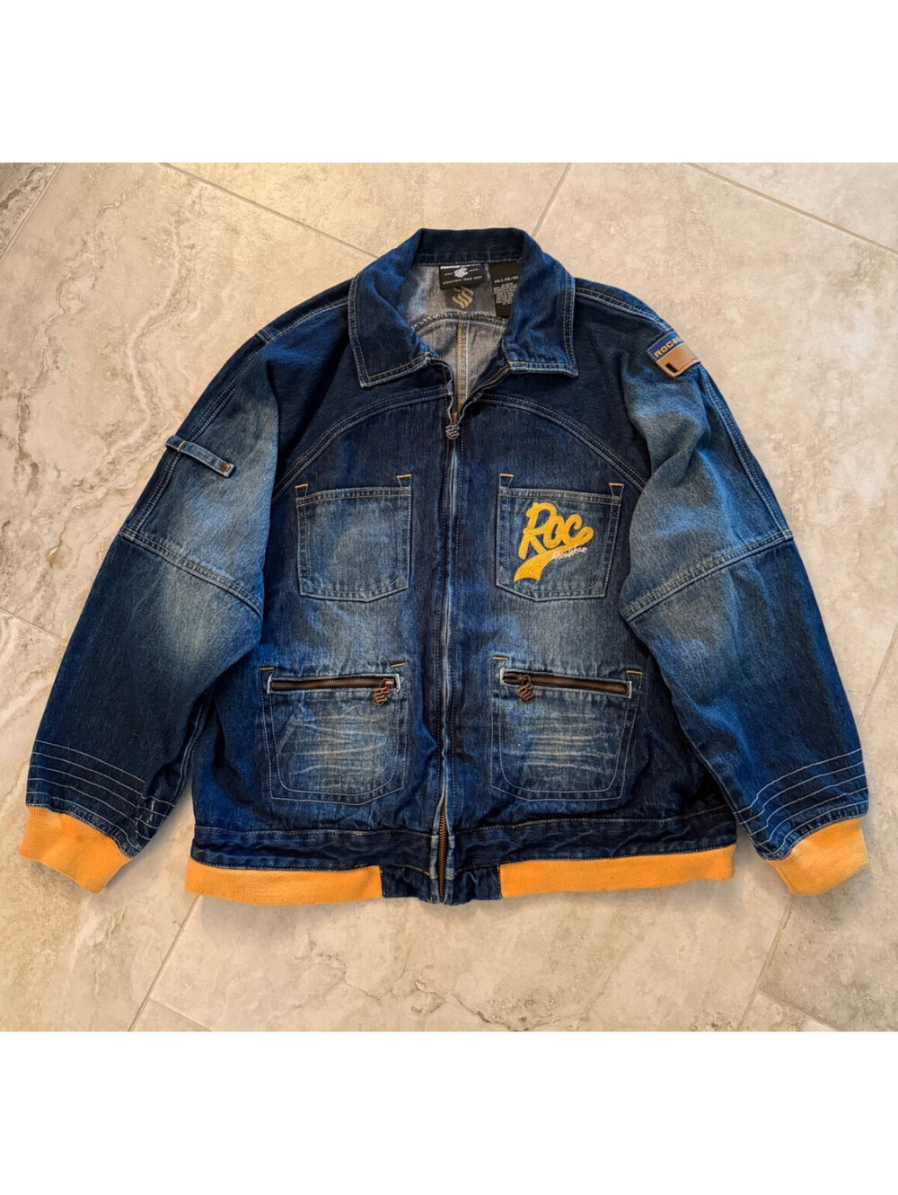 Vintage Rocawear Denim Jacket Boys Blue Zip Up Y2K Size Large 14-16 EUC
